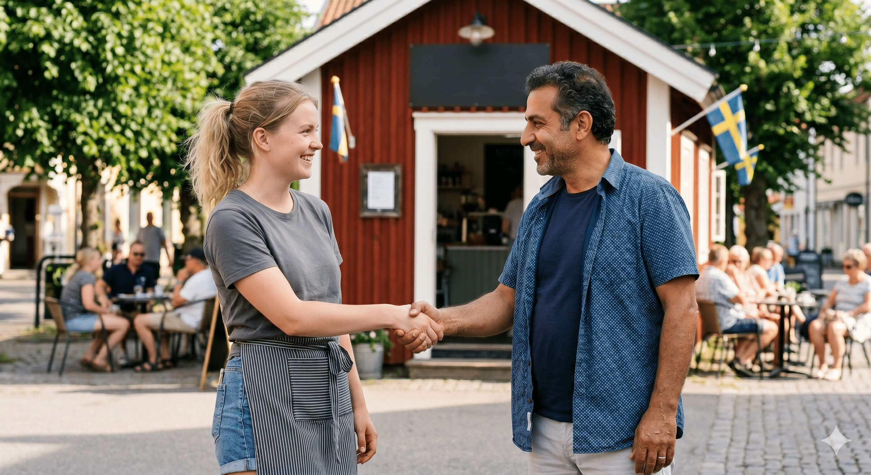 Företagare och ungdom skakar hand.